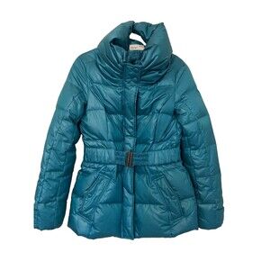 Esprit Down Feather Puffer Coat Parka Brown Quilted Teal Blue Belted Size 6